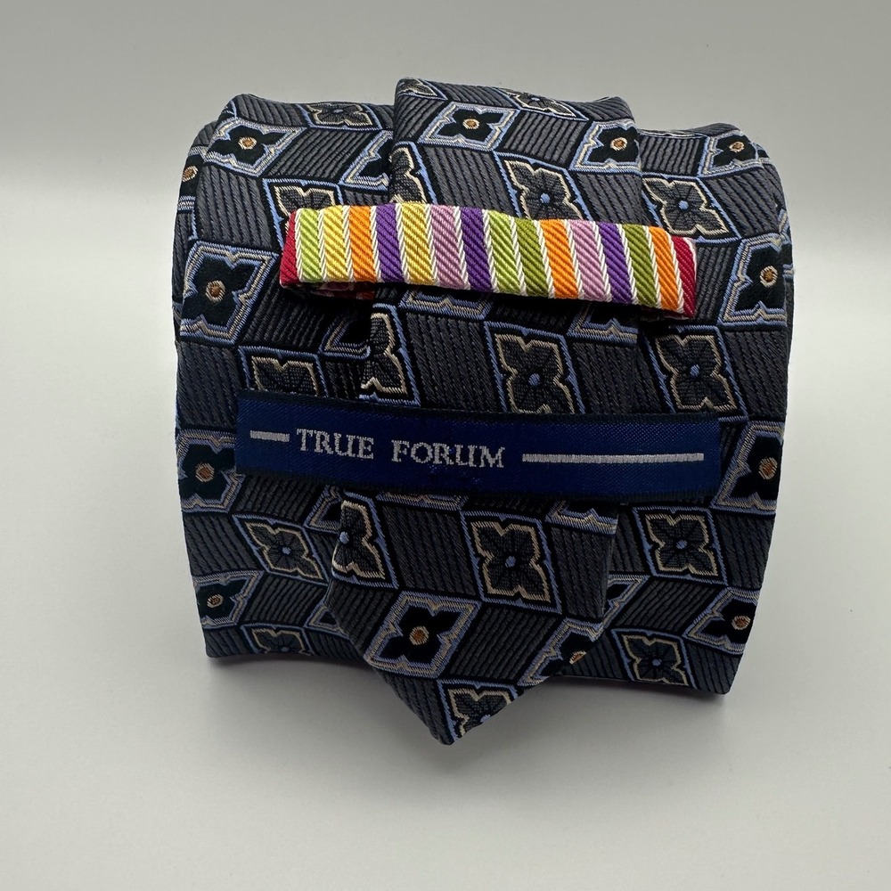 True Forum Silk Necktie Grey Geometric Medallion Striped Tipping Vintage Men